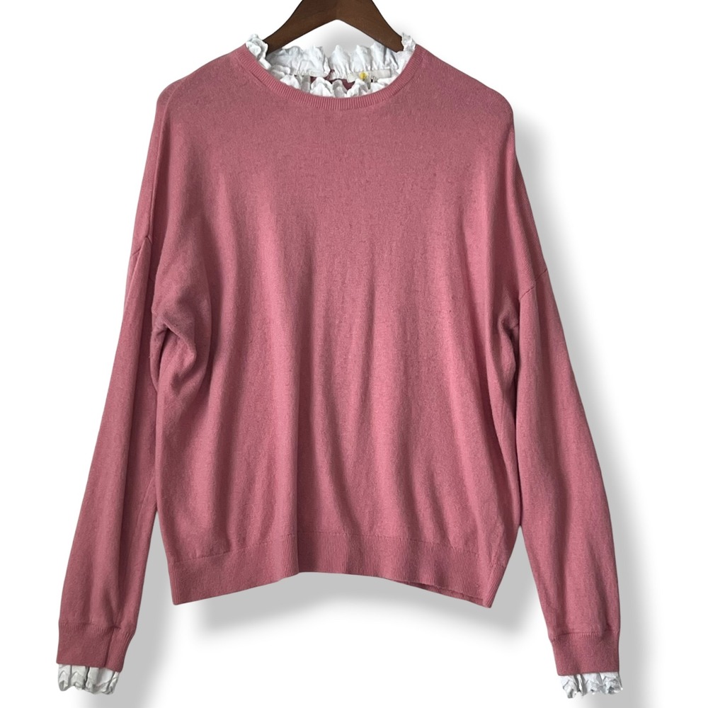 Boden Sweater 14 Pink White Lace Trim Cashmere Wool Preppy Coquette Cottagecore